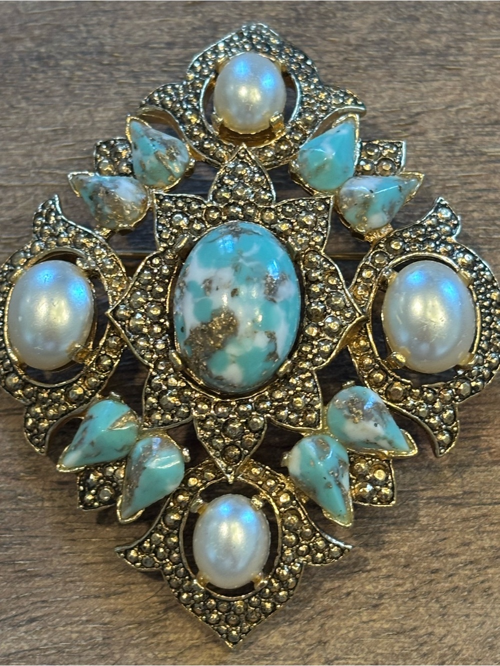 Vintage Sarah Coventry Turquoise Pearl Rhinestone Statement Brooch